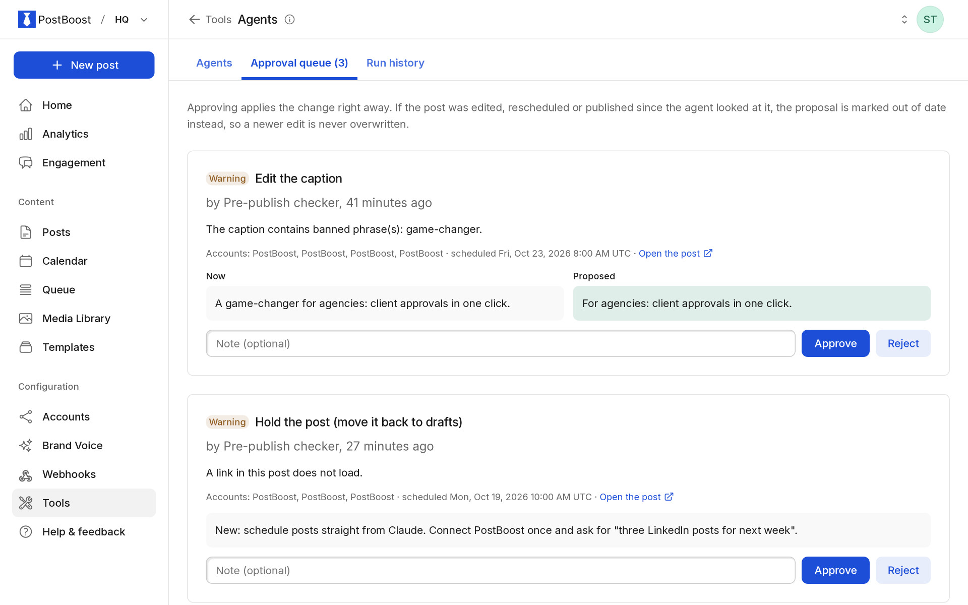 PostBoost agents approval queue: a dead-link hold and AI caption edits waiting for a person to approve