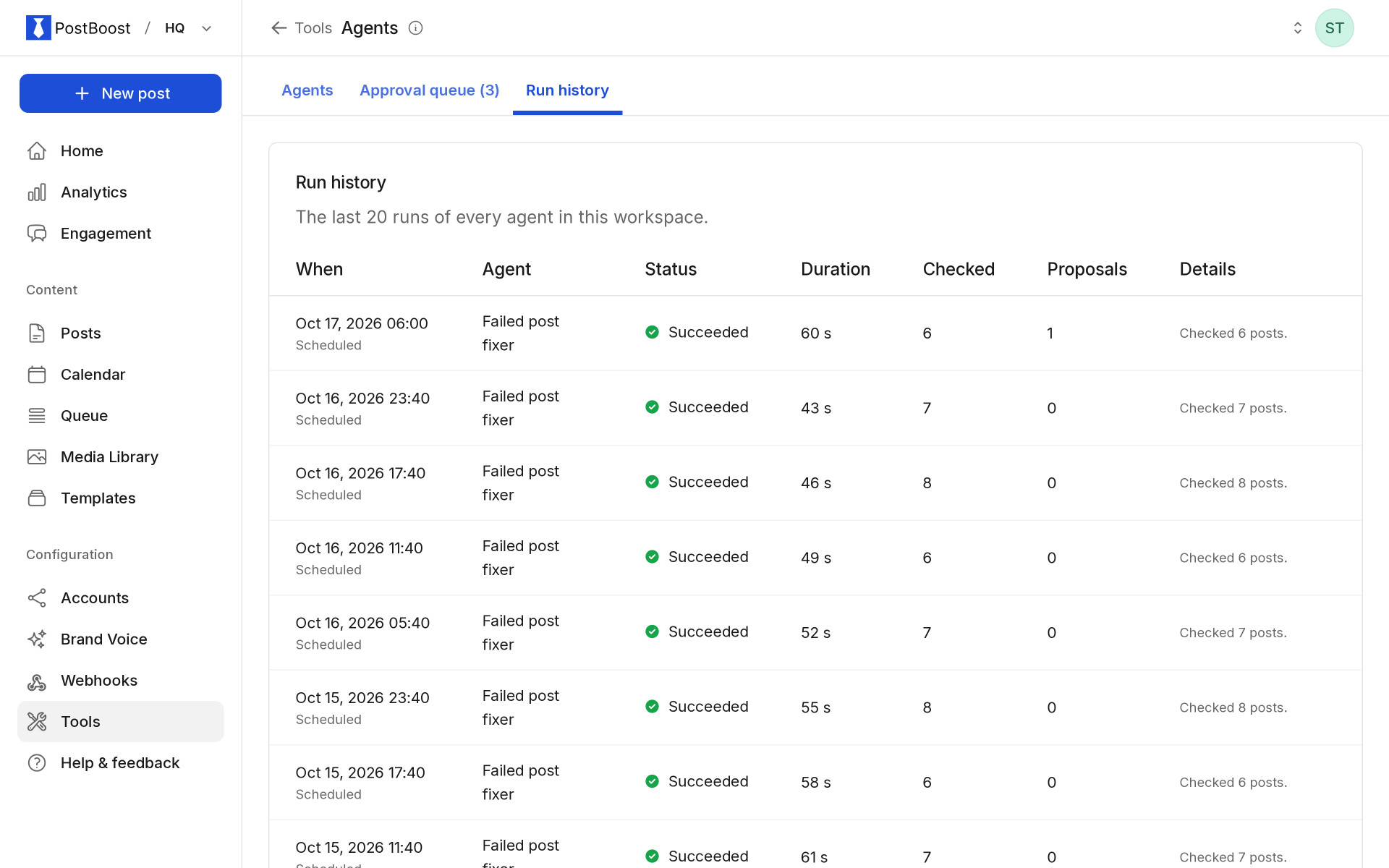 PostBoost agent run history: every background check the AI agents ran on scheduled posts and what they found