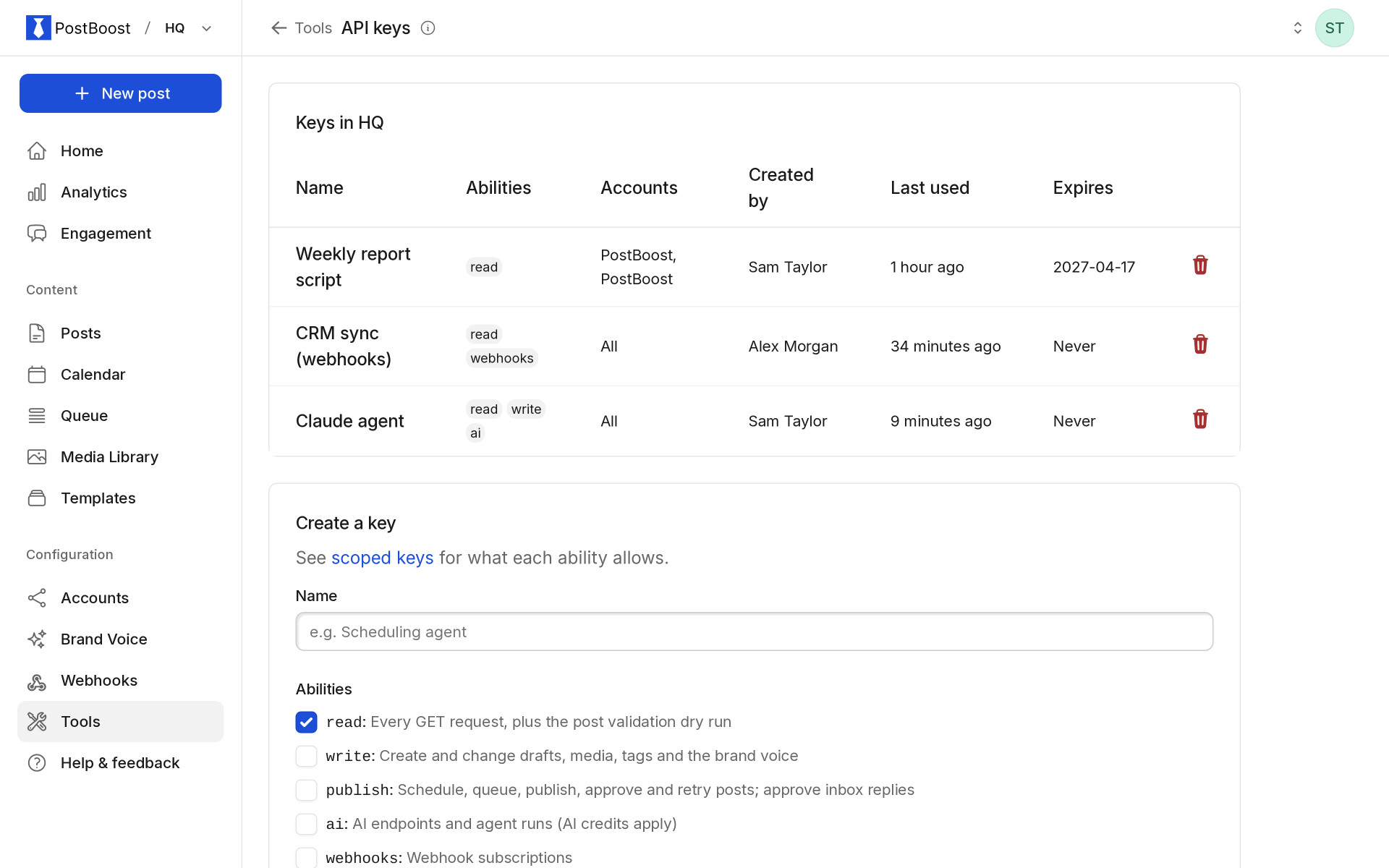 PostBoost API keys page with scoped keys per workspace, their abilities, accounts and last use