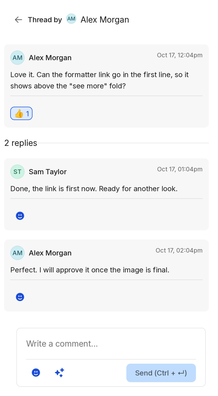 PostBoost review thread on a post waiting for approval: the reviewer's comment with a reaction and the replies under it