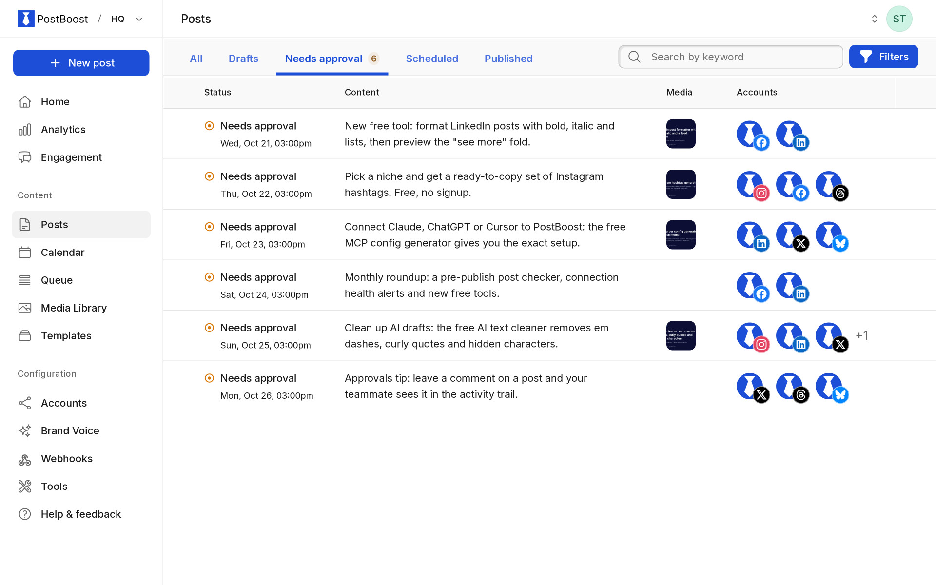 PostBoost posts waiting for approval, ready for a teammate who can approve them
