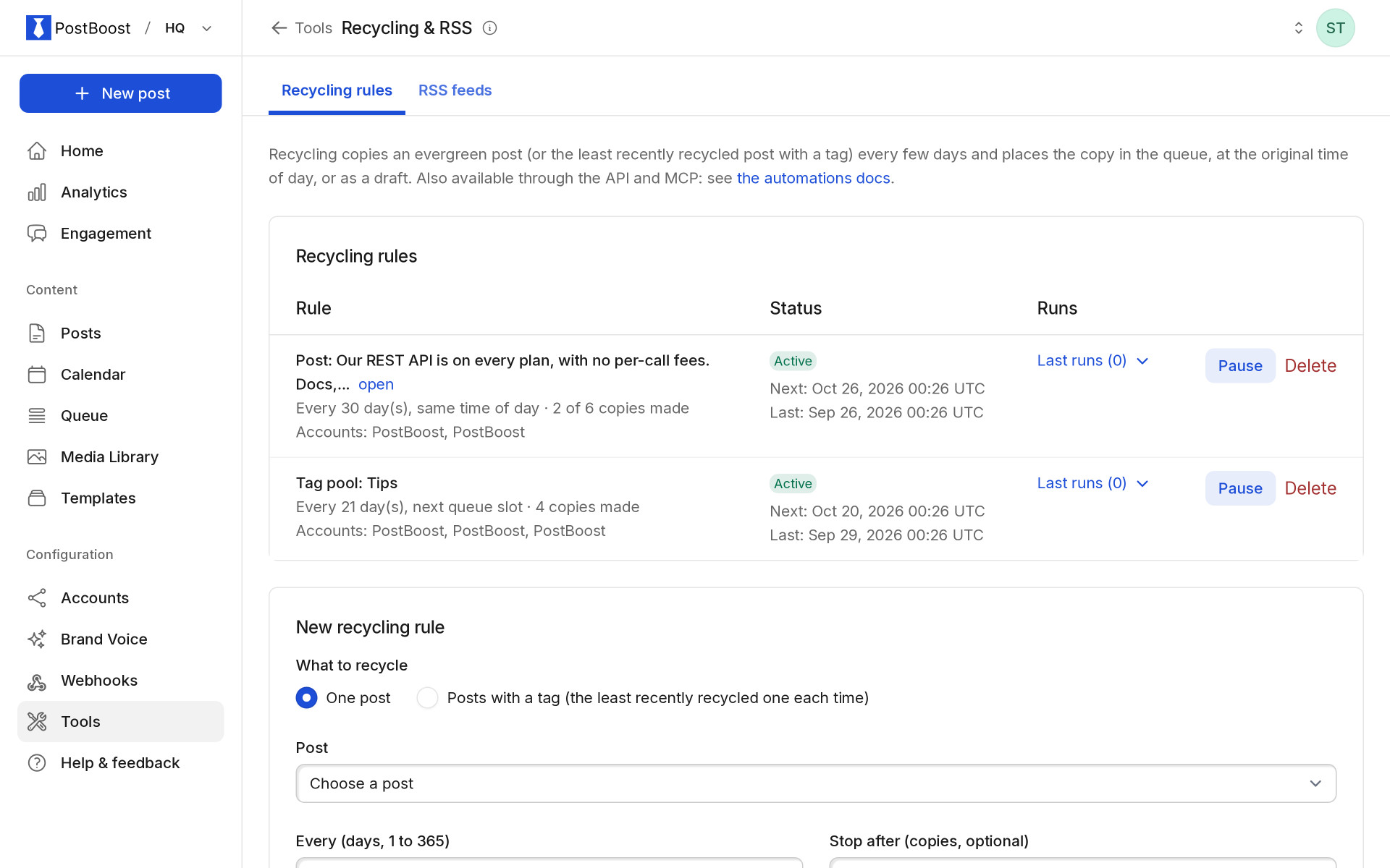 PostBoost automation: an evergreen recycling rule, a recycled post and a blog RSS feed that creates drafts