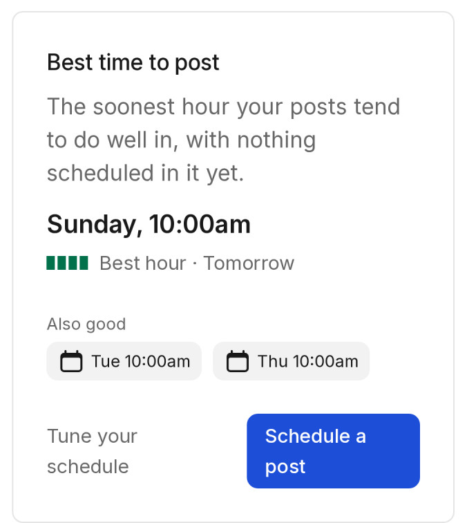 PostBoost best time to post: the next hour the workspace's posts tend to do well, learned from its own results