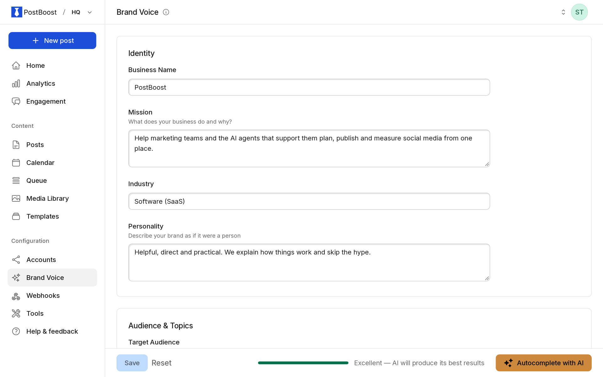 PostBoost brand voice: the tone and rules the AI assistant follows when it writes captions