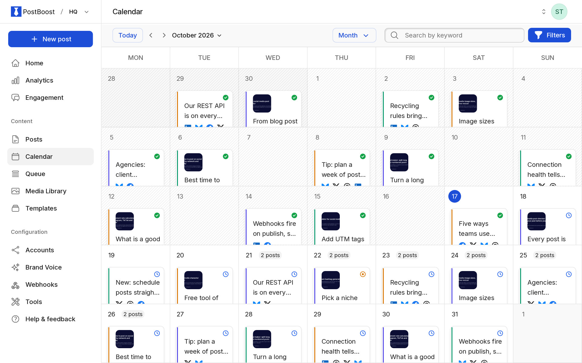 PostBoost calendar, month view, with posts scheduled to several networks every day
