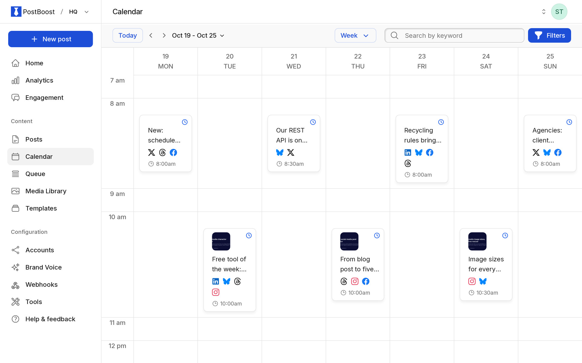 PostBoost calendar, week view, with posts for several networks scheduled across the week