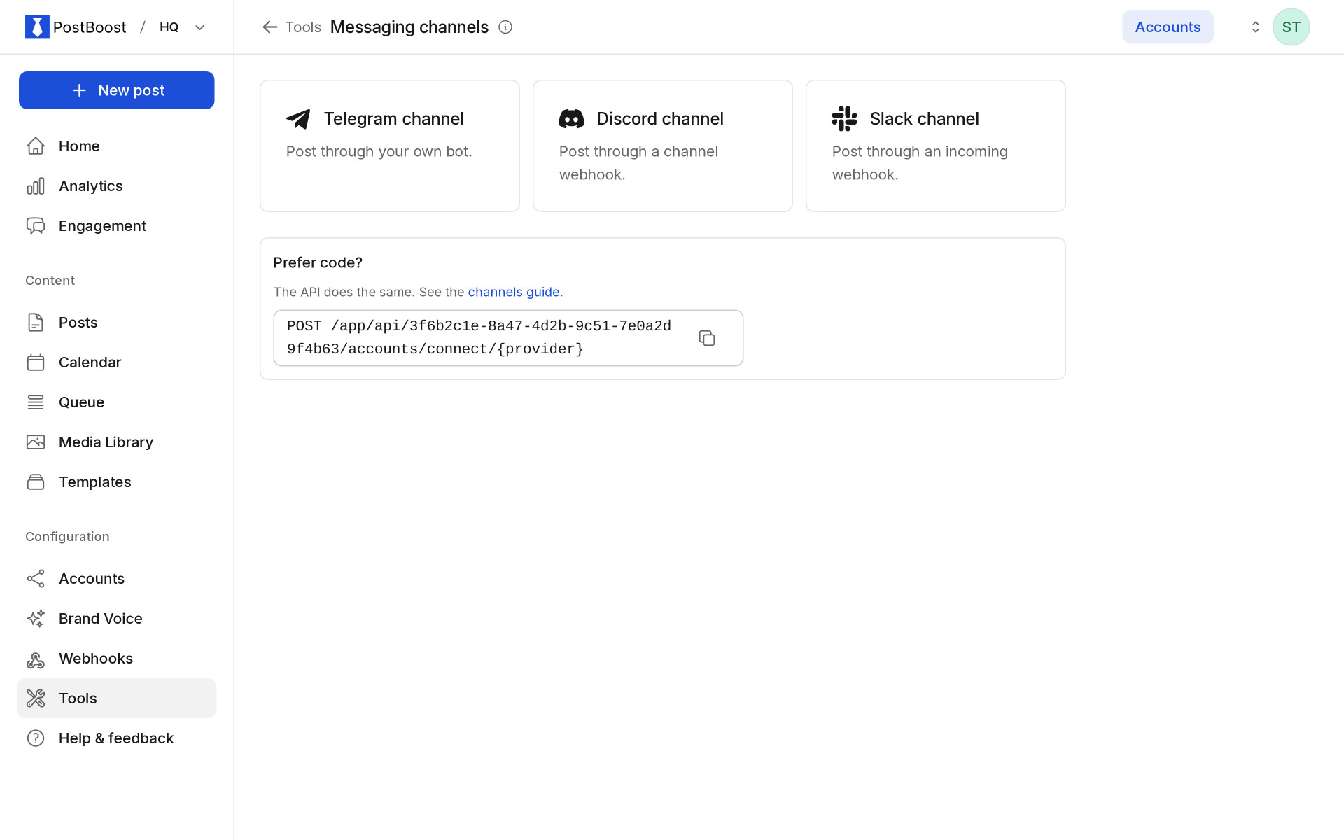PostBoost messaging channels: connect a Telegram bot, a Discord channel webhook or a Slack incoming webhook, or do it through the API