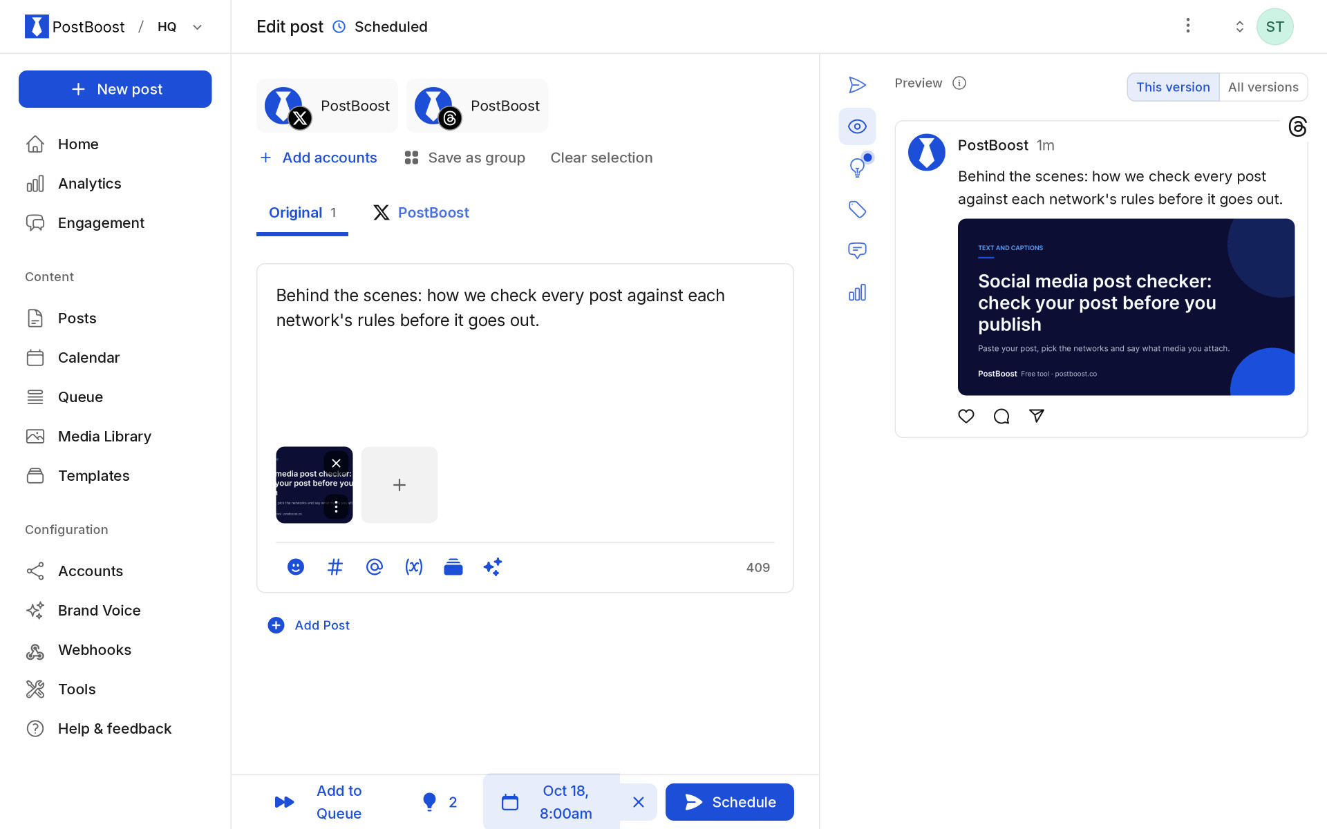 PostBoost composer with one post for several networks, its media and a live preview