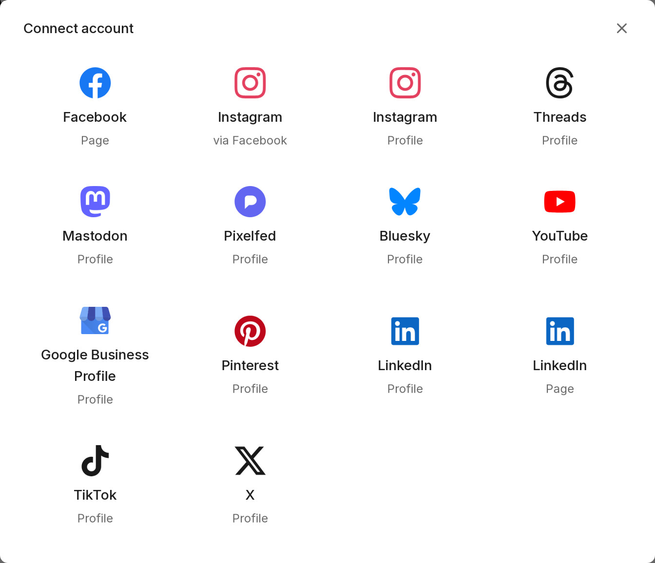 PostBoost connect account dialog: Facebook Page, Instagram, Threads, Mastodon, Pixelfed, Bluesky, YouTube, Google Business Profile, Pinterest, LinkedIn profile and Page, TikTok and X
