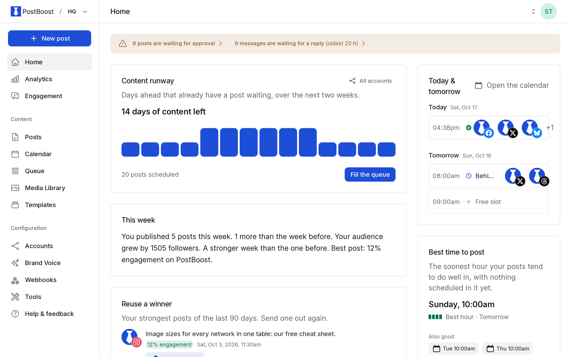 PostBoost dashboard with this week's scheduled posts, connected accounts and engagement