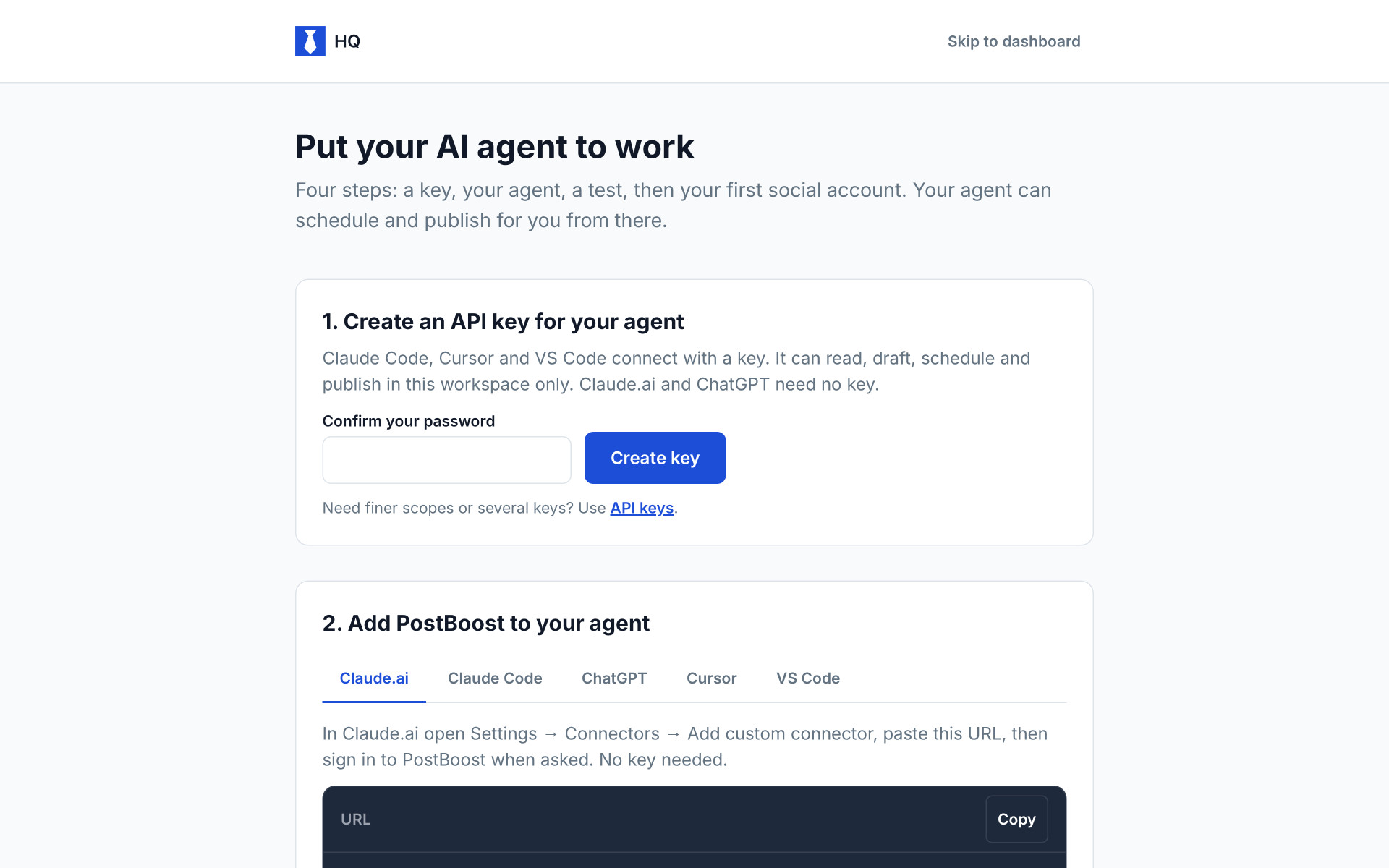 PostBoost get started page: connect an AI agent with an MCP key, test the connection and add a first account
