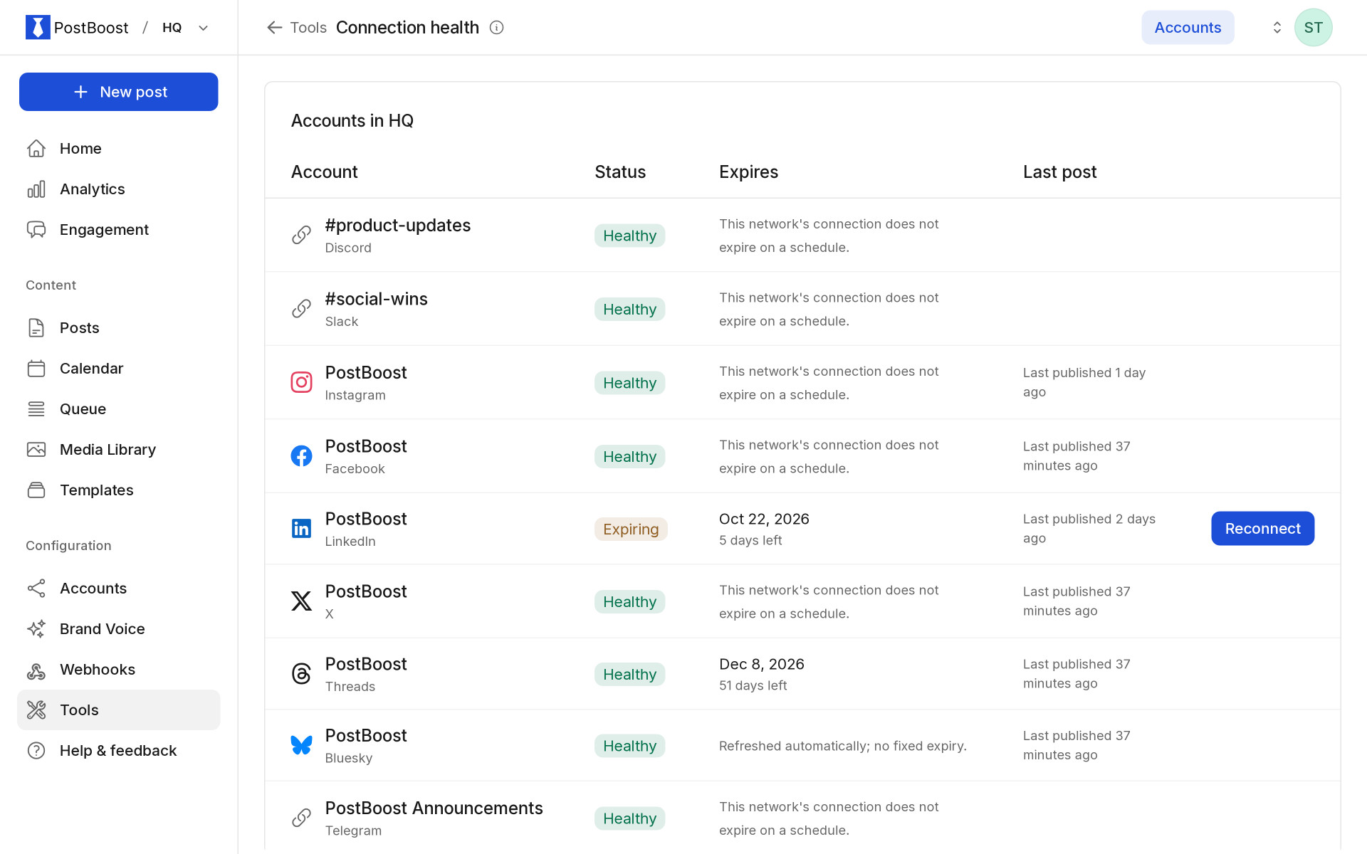 PostBoost connection health: every account healthy except one LinkedIn Page that needs a reconnect within days