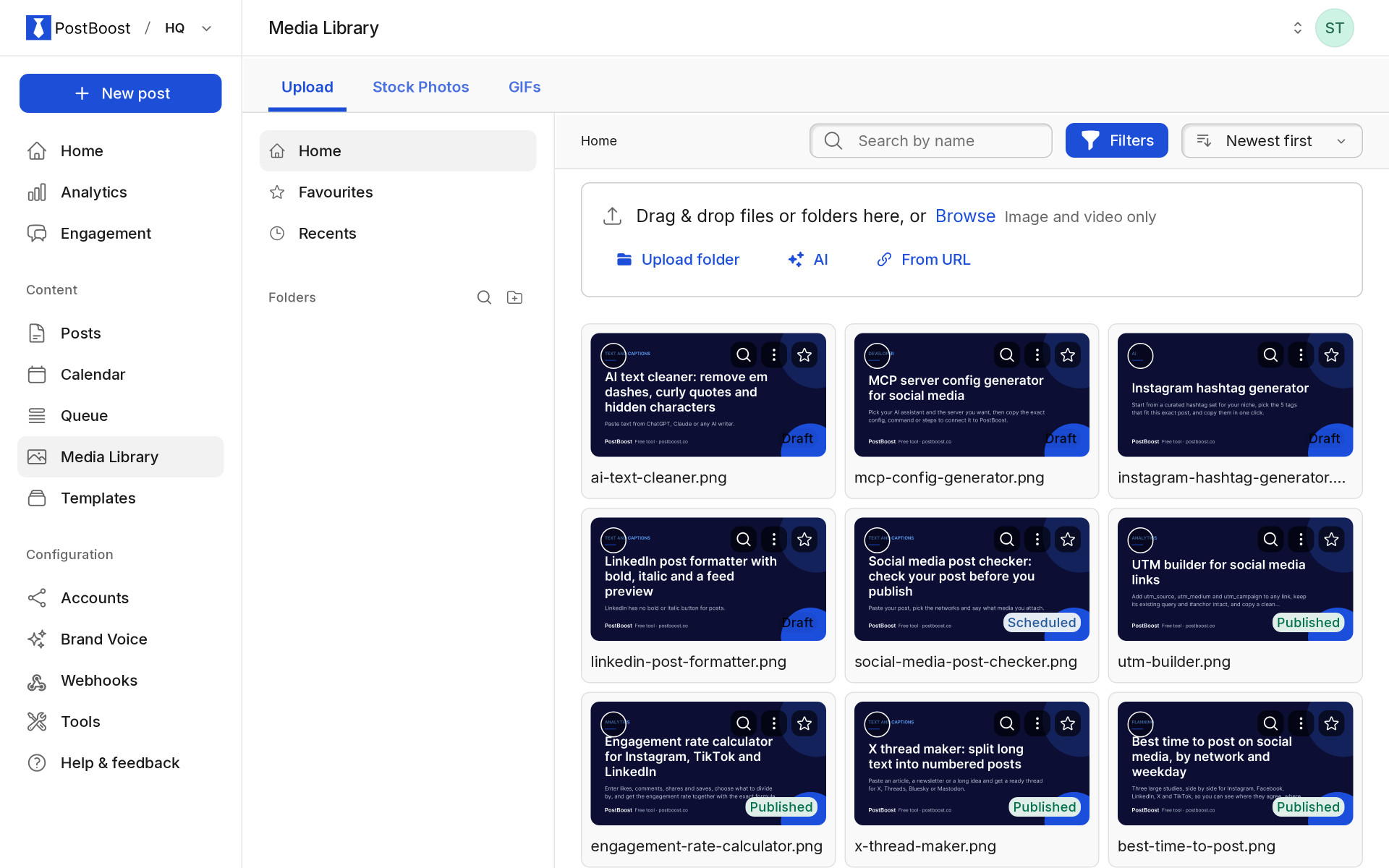 PostBoost media library with the team's uploaded images