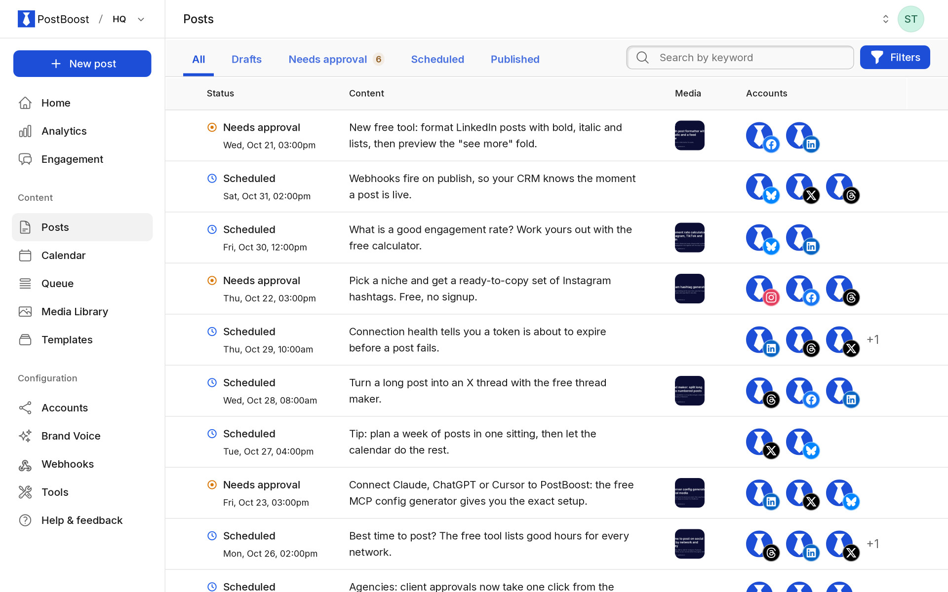 PostBoost posts list with drafts, posts waiting for approval and scheduled posts for several networks