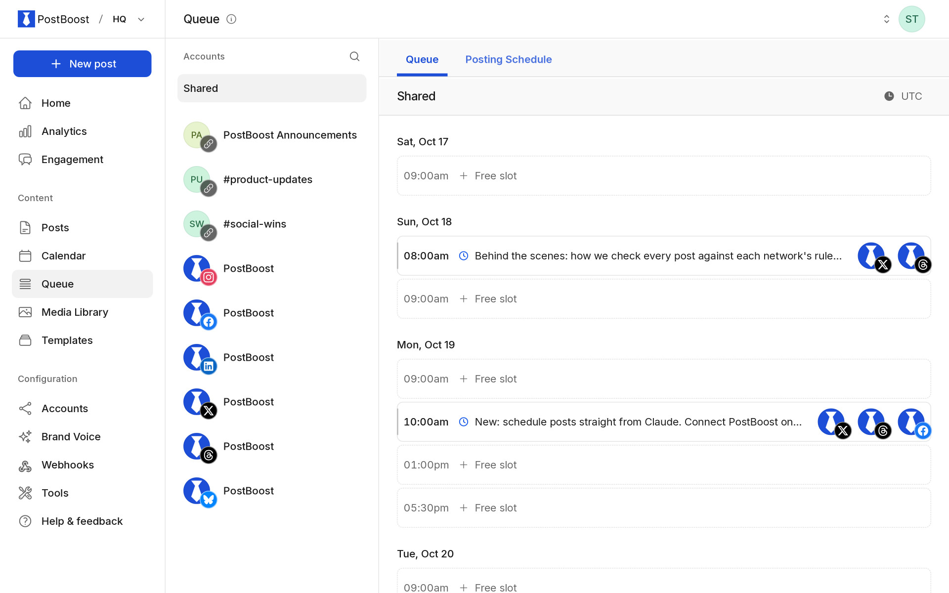 PostBoost queue: the coming days' posting slots, scheduled posts in their slots for several networks and free slots to fill