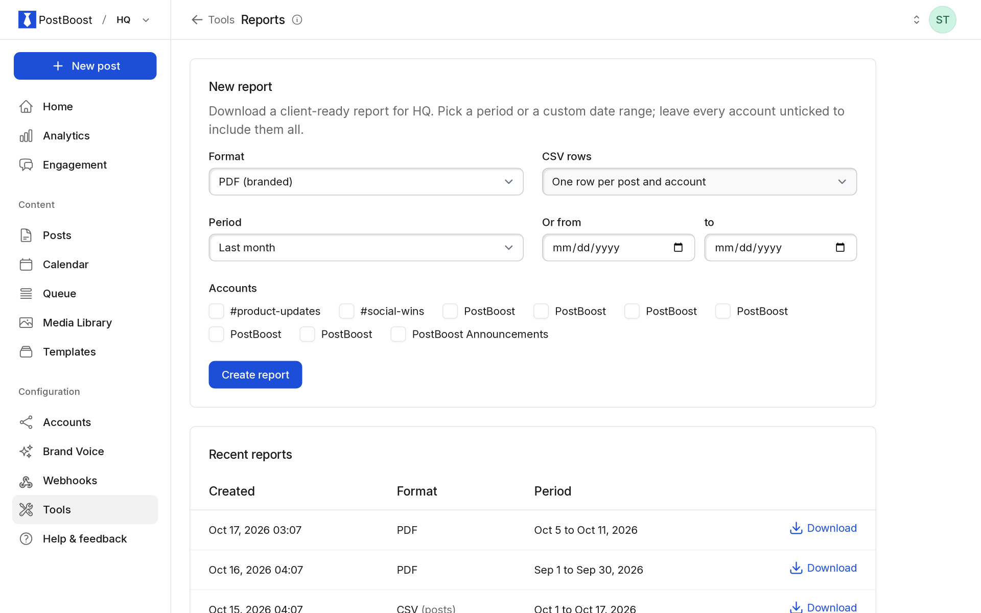 PostBoost reports: analytics exports ready to download and share with a client