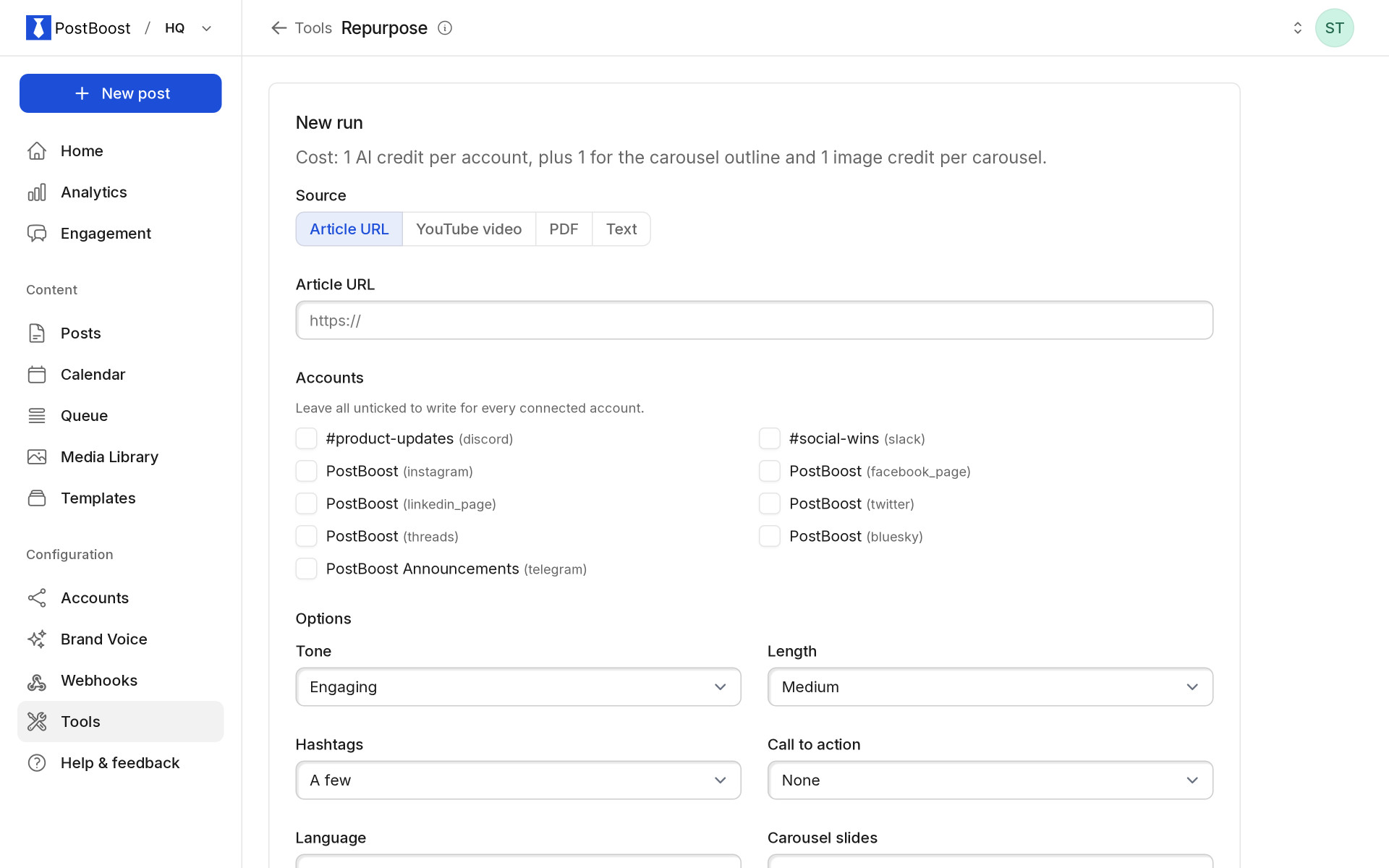 PostBoost repurpose: turn an article, YouTube video, PDF or text into drafts for each account, with tone, length, hashtag and carousel options