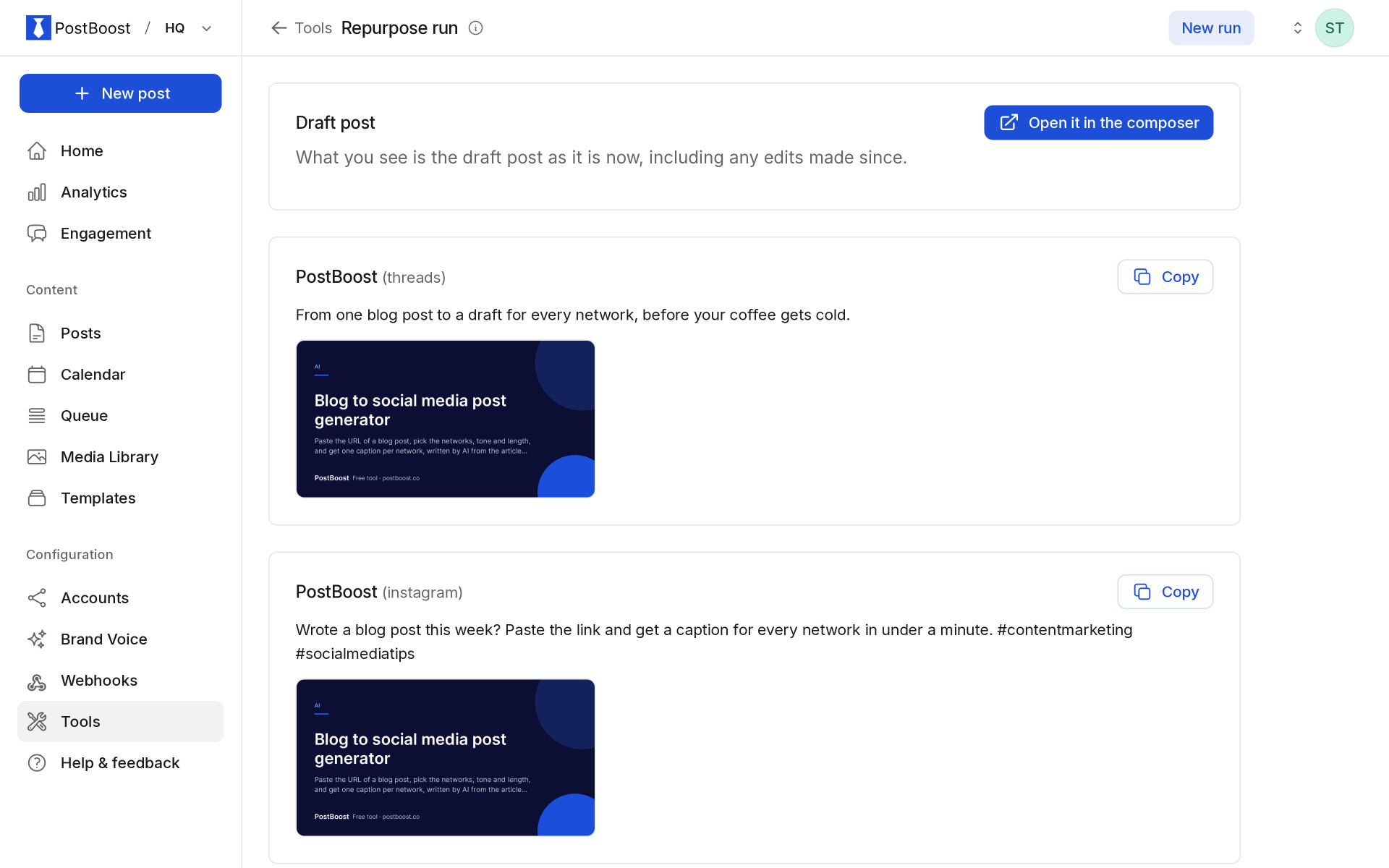 PostBoost repurpose result: an article turned into a draft for each selected account