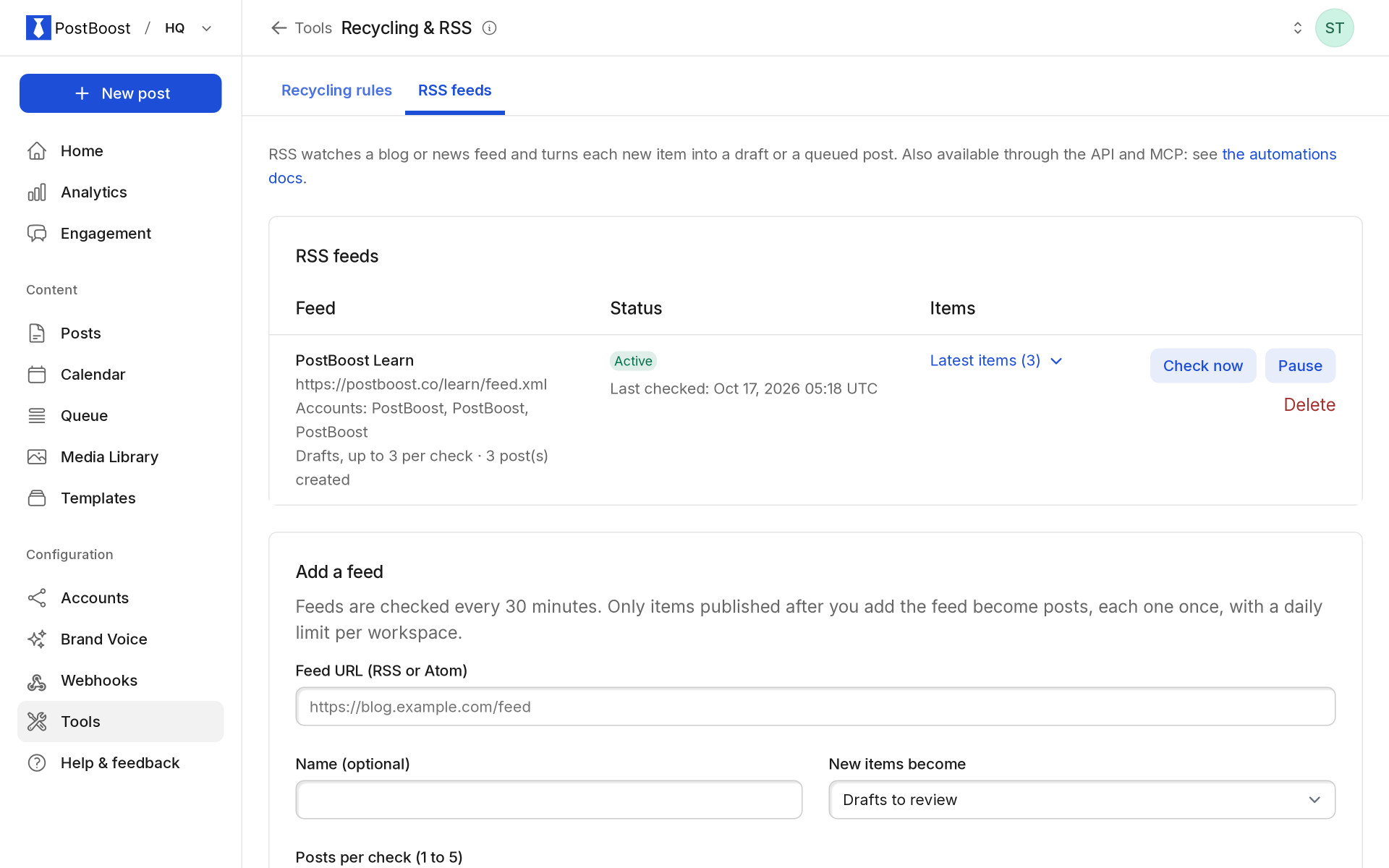 PostBoost RSS feeds: a blog feed that turns every new article into a draft post