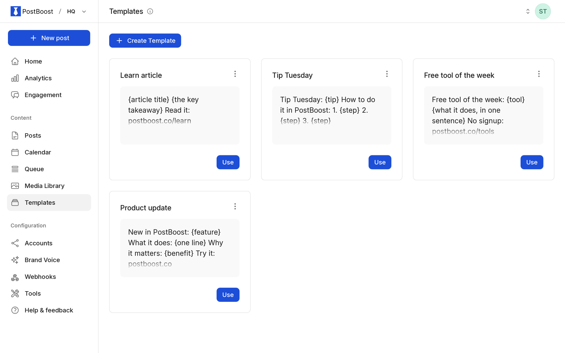 PostBoost templates: saved post templates the team reuses for recurring posts