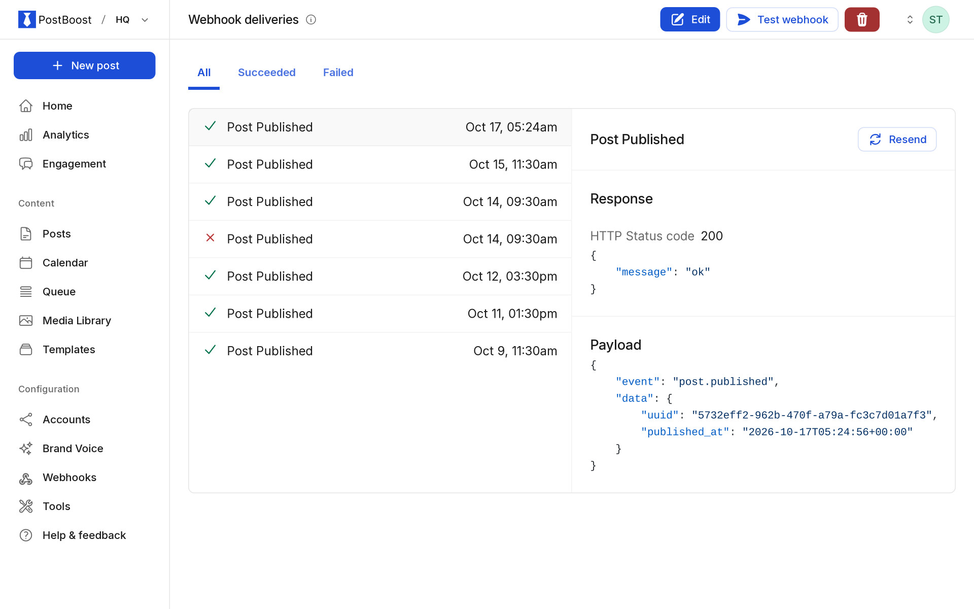 PostBoost webhook deliveries: every post.published event sent to the team's CRM, with the response to each call