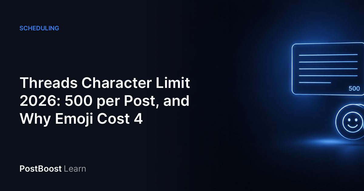 A Threads post card with a character counter at 500 and a row of emoji, each tagged with a small 4